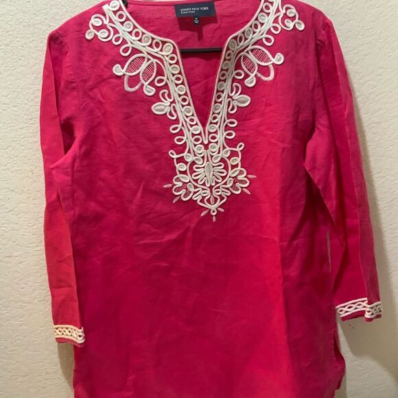 Jones New York 100% Linen Pullover Tunic Top Embroidered Hot Pink Size M Beachy - Picture 2 of 6